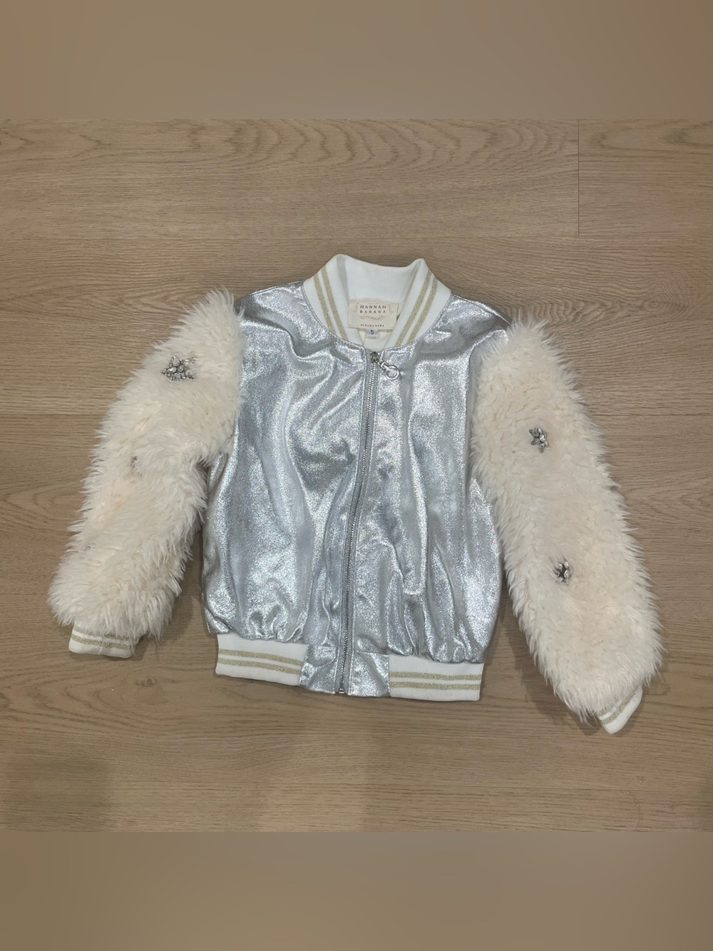 Hannah Banana Silver Metallic Bomber Jacket with Cream Trim